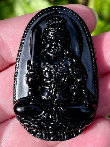 Carved Buddhist Black Obsidian Palm Stone/Pendant - Morganna’s Treasures 