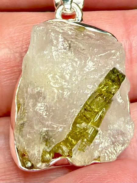 Rough Green Tourmaline in Quartz Pendant