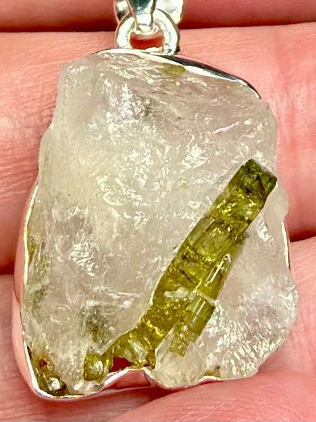 Rough Green Tourmaline in Quartz Pendant