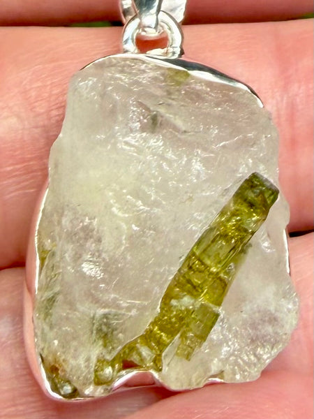 Rough Green Tourmaline in Quartz Pendant