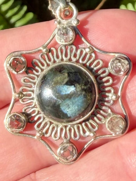 Larvikite (Black Moonstone) & Herkimer Diamond Pendant - Morganna’s Treasures