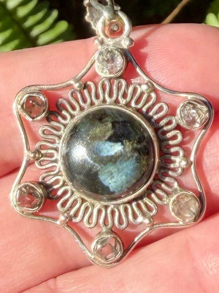 Larvikite (Black Moonstone) & Herkimer Diamond Pendant - Morganna’s Treasures