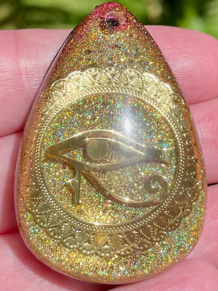 Eye of Horus Black Tourmaline, Garnet, Smoky Quartz, Selenite, Aluminum & Quartz Orgonite Pendant - Morganna’s Treasures