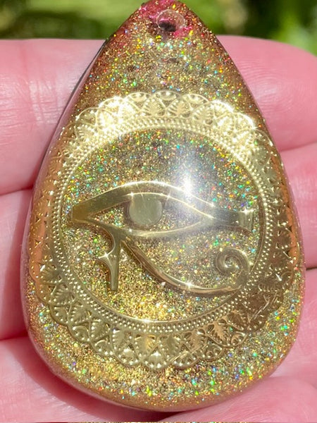 Eye of Horus Black Tourmaline, Garnet, Smoky Quartz, Selenite, Aluminum & Quartz Orgonite Pendant - Morganna’s Treasures