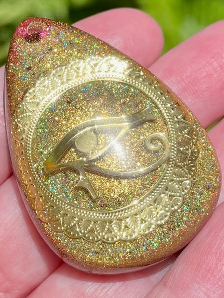 Eye of Horus Black Tourmaline, Garnet, Smoky Quartz, Selenite, Aluminum & Quartz Orgonite Pendant - Morganna’s Treasures