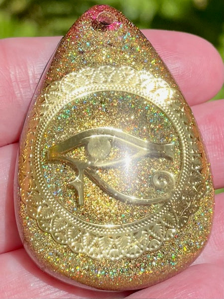 Eye of Horus Black Tourmaline, Garnet, Smoky Quartz, Selenite, Aluminum & Quartz Orgonite Pendant - Morganna’s Treasures