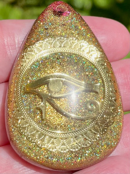 Eye of Horus Black Tourmaline, Garnet, Smoky Quartz, Selenite, Aluminum & Quartz Orgonite Pendant - Morganna’s Treasures