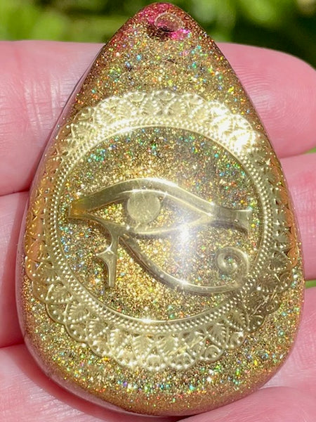 Eye of Horus Black Tourmaline, Garnet, Smoky Quartz, Selenite, Aluminum & Quartz Orgonite Pendant - Morganna’s Treasures