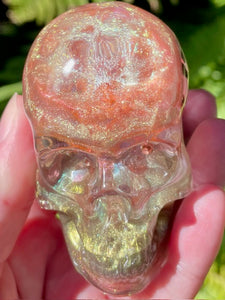 “Guardian” Large Super Seven, Rose Quartz, Rhodochrosite, Pyrite, Clear Quartz & Copper Orgonite Skull - Morganna’s Treasures 