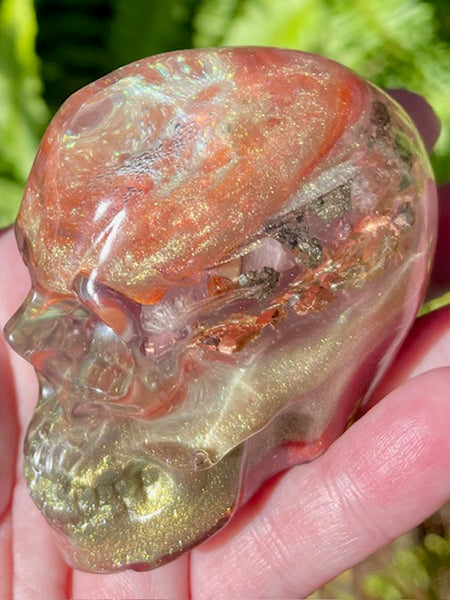 “Guardian” Large Super Seven, Rose Quartz, Rhodochrosite, Pyrite, Clear Quartz & Copper Orgonite Skull - Morganna’s Treasures 