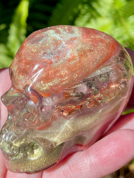 “Guardian” Large Super Seven, Rose Quartz, Rhodochrosite, Pyrite, Clear Quartz & Copper Orgonite Skull - Morganna’s Treasures 