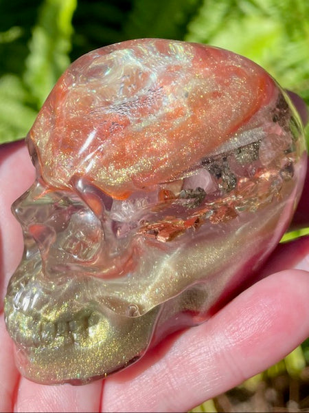 “Guardian” Large Super Seven, Rose Quartz, Rhodochrosite, Pyrite, Clear Quartz & Copper Orgonite Skull - Morganna’s Treasures 