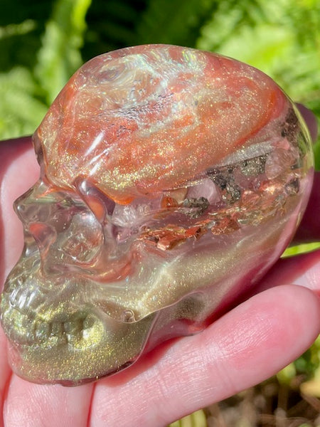 “Guardian” Large Super Seven, Rose Quartz, Rhodochrosite, Pyrite, Clear Quartz & Copper Orgonite Skull - Morganna’s Treasures 