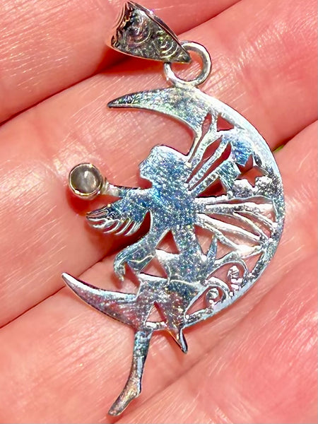 Fairy on Moon Black Sunstone Pendant - Morganna’s Treasures