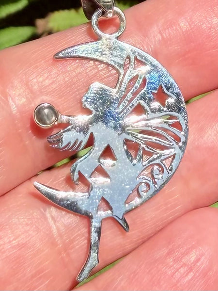 Fairy on Moon Black Sunstone Pendant - Morganna’s Treasures