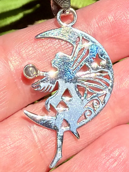Fairy on Moon Black Sunstone Pendant - Morganna’s Treasures