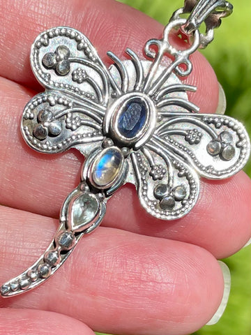 Blue Kyanite, Rainbow Moonstone and Blue Topaz Dragonfly Pendant - Morganna’s Treasures 