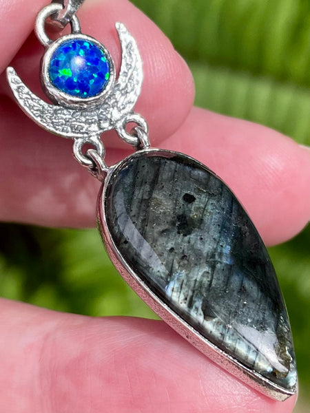 Larvikite (Black Moonstone) & Blue Opal Crescent Moon Pendant - Morganna’s Treasures 