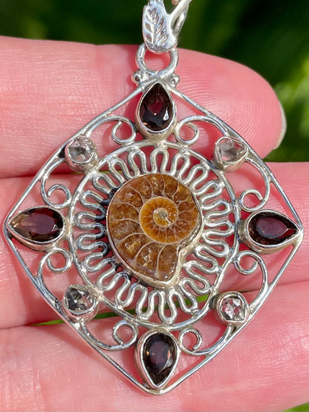 Gorgeous Ammonite, Herkimer Diamond and Smoky Quartz Pendant - Morganna’s Treasures 