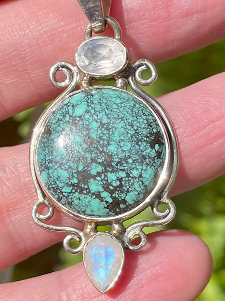Rainbow Moonstone, Spiderweb Turquoise and Opalite Pendant - Morganna’s Treasures 