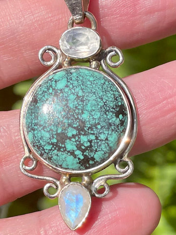 Rainbow Moonstone, Spiderweb Turquoise and Opalite Pendant - Morganna’s Treasures 