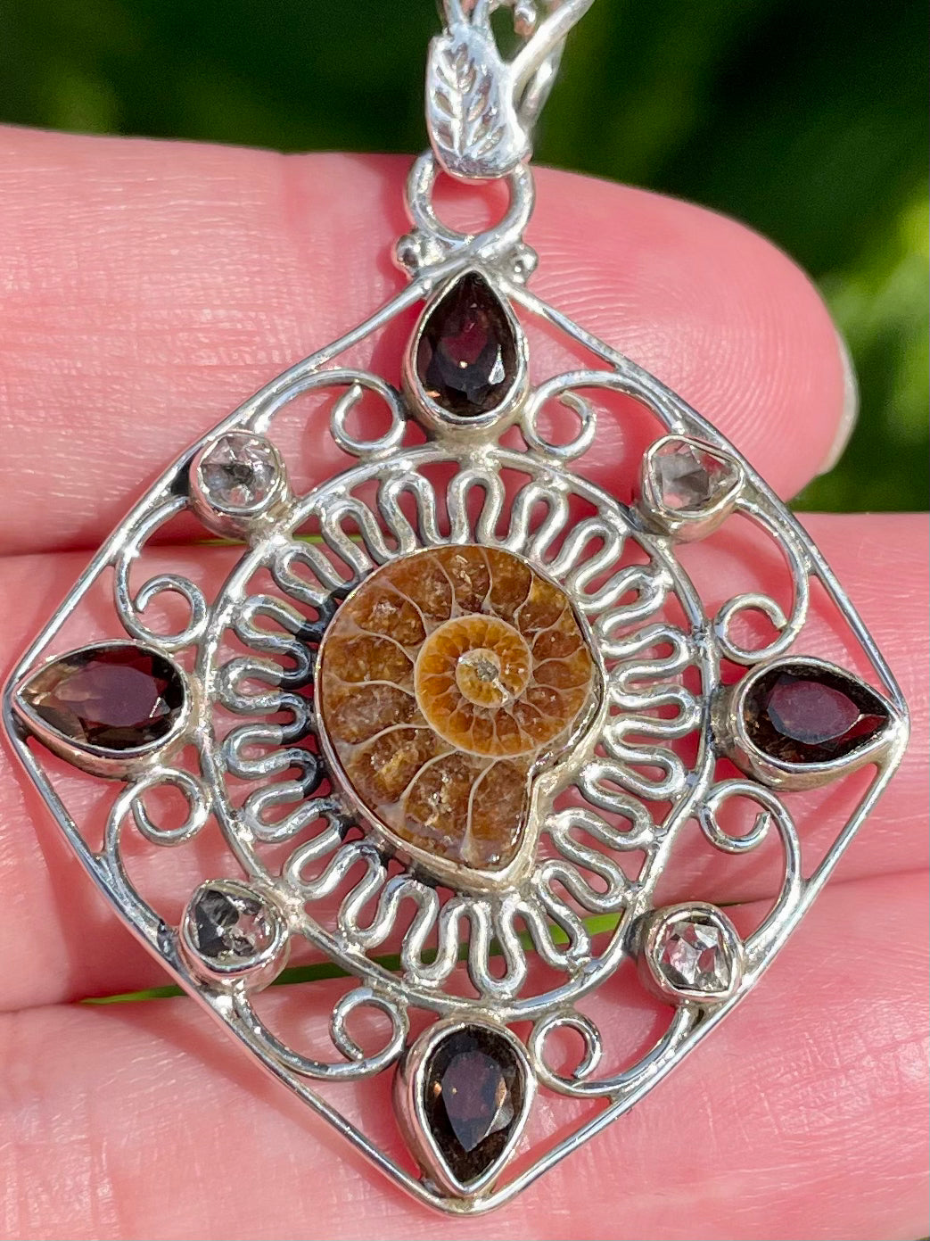 Gorgeous Ammonite, Herkimer Diamond and Smoky Quartz Pendant - Morganna’s Treasures 