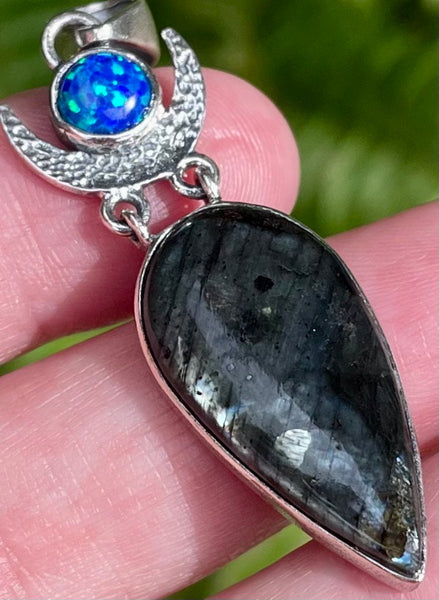 Larvikite (Black Moonstone) & Blue Opal Crescent Moon Pendant - Morganna’s Treasures 