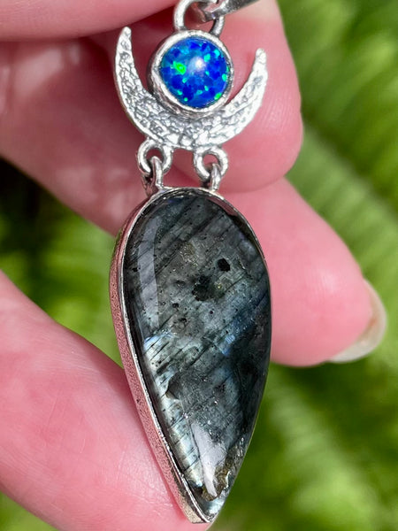 Larvikite (Black Moonstone) & Blue Opal Crescent Moon Pendant - Morganna’s Treasures 