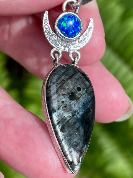 Larvikite (Black Moonstone) & Blue Opal Crescent Moon Pendant - Morganna’s Treasures 