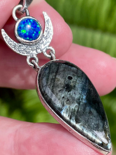 Larvikite (Black Moonstone) & Blue Opal Crescent Moon Pendant - Morganna’s Treasures 