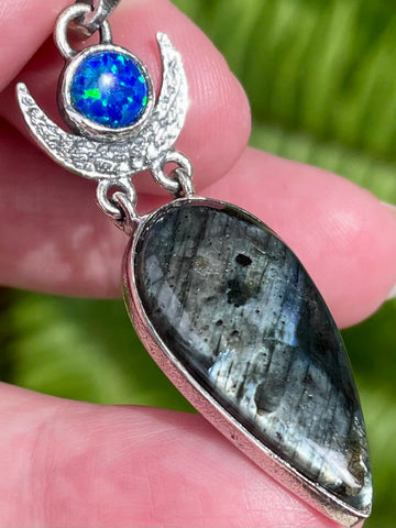 Larvikite (Black Moonstone) & Blue Opal Crescent Moon Pendant - Morganna’s Treasures 