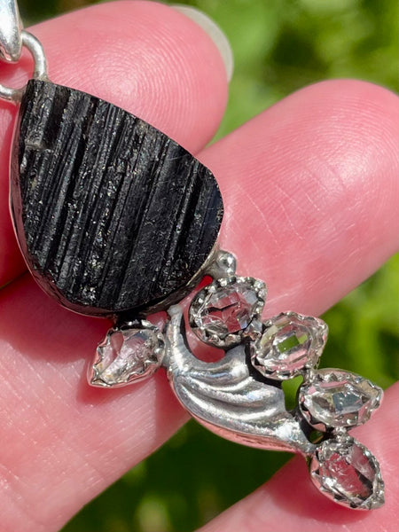 Rough Black Tourmaline and Herkimer Diamond Pendant - Morganna’s Treasures 