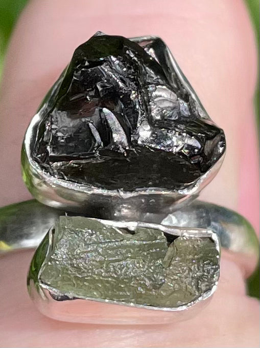 Moldavite and Rough Shungite Ring Size 7 - Morganna’s Treasures 