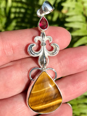 Tigers Eye and Pink Tourmaline Fleur De Lis Pendant - Morganna’s Treasures 