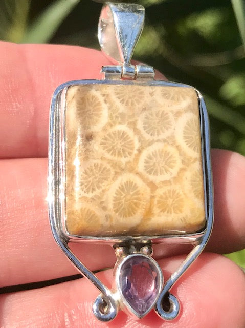 Fossil Coral and Amethyst Pendant - Morganna’s Treasures 