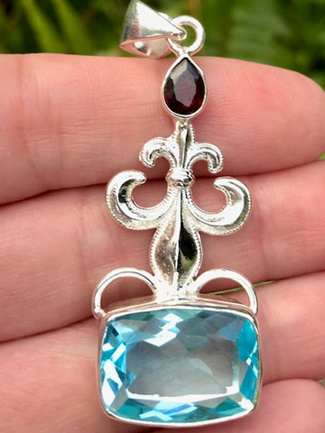 Blue Topaz and Garnet Fleur de lis Pendant - Morganna’s Treasures 