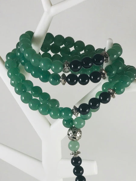 Green Aventurine and Black Onyx Mala Necklace - Morganna’s Treasures 