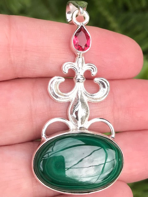 Malachite and Pink Tourmaline Fleur de Lis Pendant - Morganna’s Treasures 