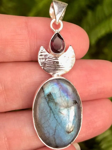 Labradorite and Garnet Crescent Moon Pendant - Morganna’s Treasures 