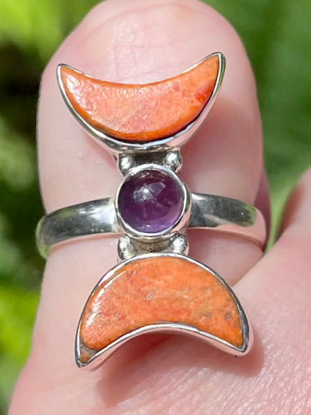 Coral and Amethyst Crescent Moon Ring Size 6 - Morganna’s Treasures 