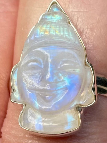 Hand Carved Rainbow Moonstone Buddha Ring Size 8 - Morganna’s Treasures 