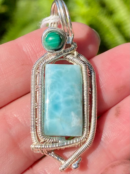 Wire-Wrapped Larimar and Malachite Pendant - Morganna’s Treasures 