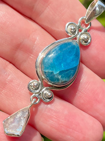 Rough Rainbow Moonstone and Blue Apatite Pendant - Morganna’s Treasures 