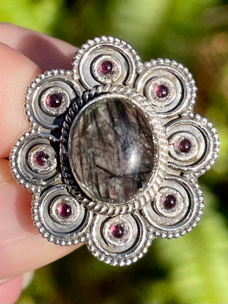 Tourmalinated Quartz and Garnet Ring Size 9 - Morganna’s Treasures 