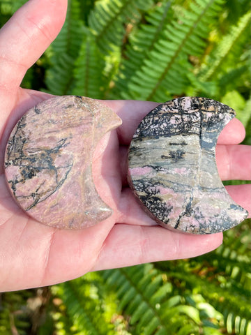 Rhodonite Crescent Moon Palm Stone - Morganna’s Treasures 