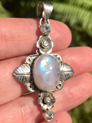 Moonstone and Blue Topaz Floral Pendant - Morganna’s Treasures 