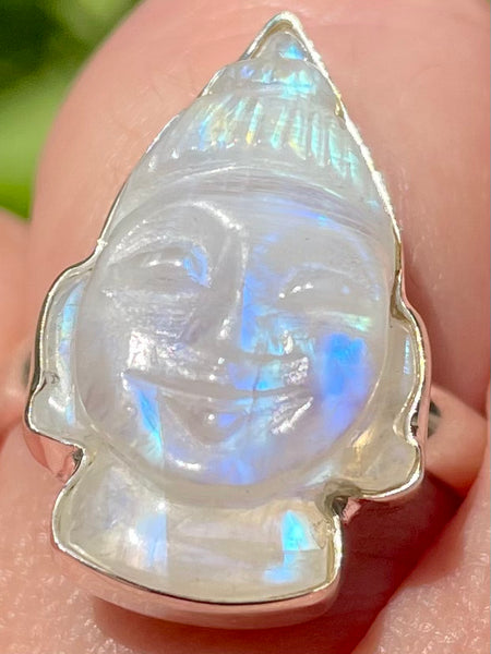 Hand Carved Rainbow Moonstone Buddha Ring Size 8 - Morganna’s Treasures 