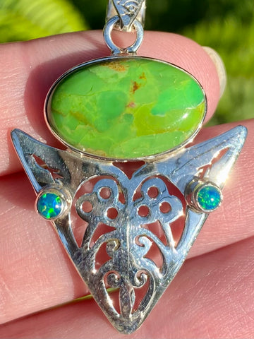 Green Mohave Turquoise and Fire Opal Pendant - Morganna’s Treasures 