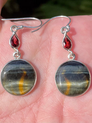 Blue Tigers Eye (Hawk’s Eye) and Garnet Earrings - Morganna’s Treasures 