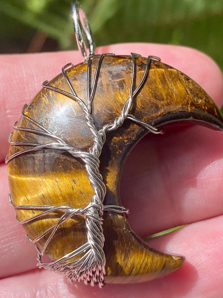Wire-Wrapped Tigers Eye Crescent Moon Pendant - Morganna’s Treasures 